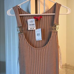 GUESS Taupe Ribbed Tank Dress with Gold Logo Straps